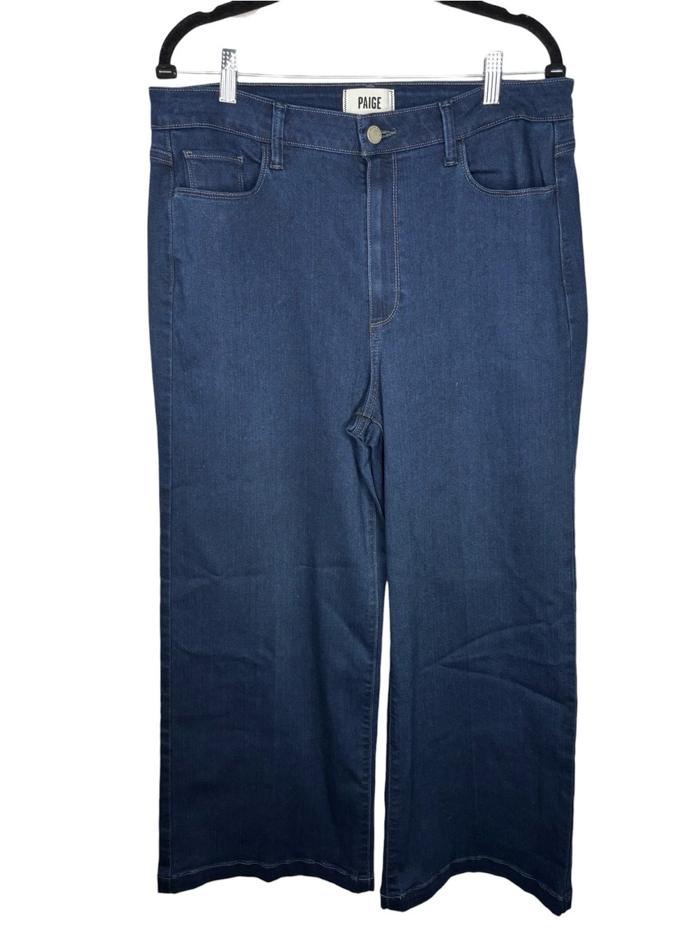 Paige Genesee Wide Leg Crop Jeans High Rise Dark Wash Elvira Size 32 Stretch - Picture 2 of 15